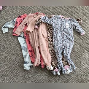 Bundle of Carter’s brand 8 baby girl onesie footie pajamas - fleece and cotton